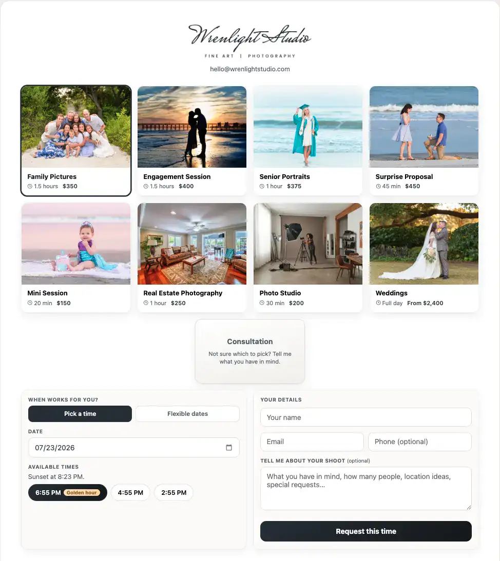 The ShootCal client booking page