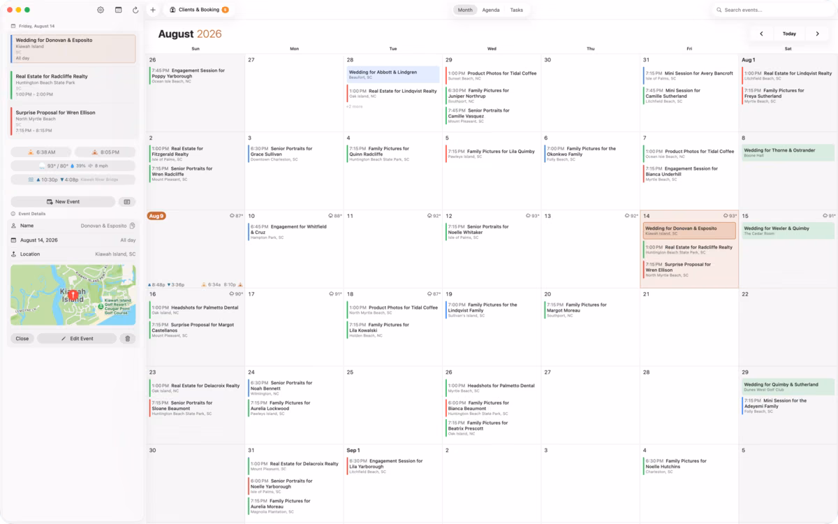 ShootCal calendar on Mac with a session map and client details