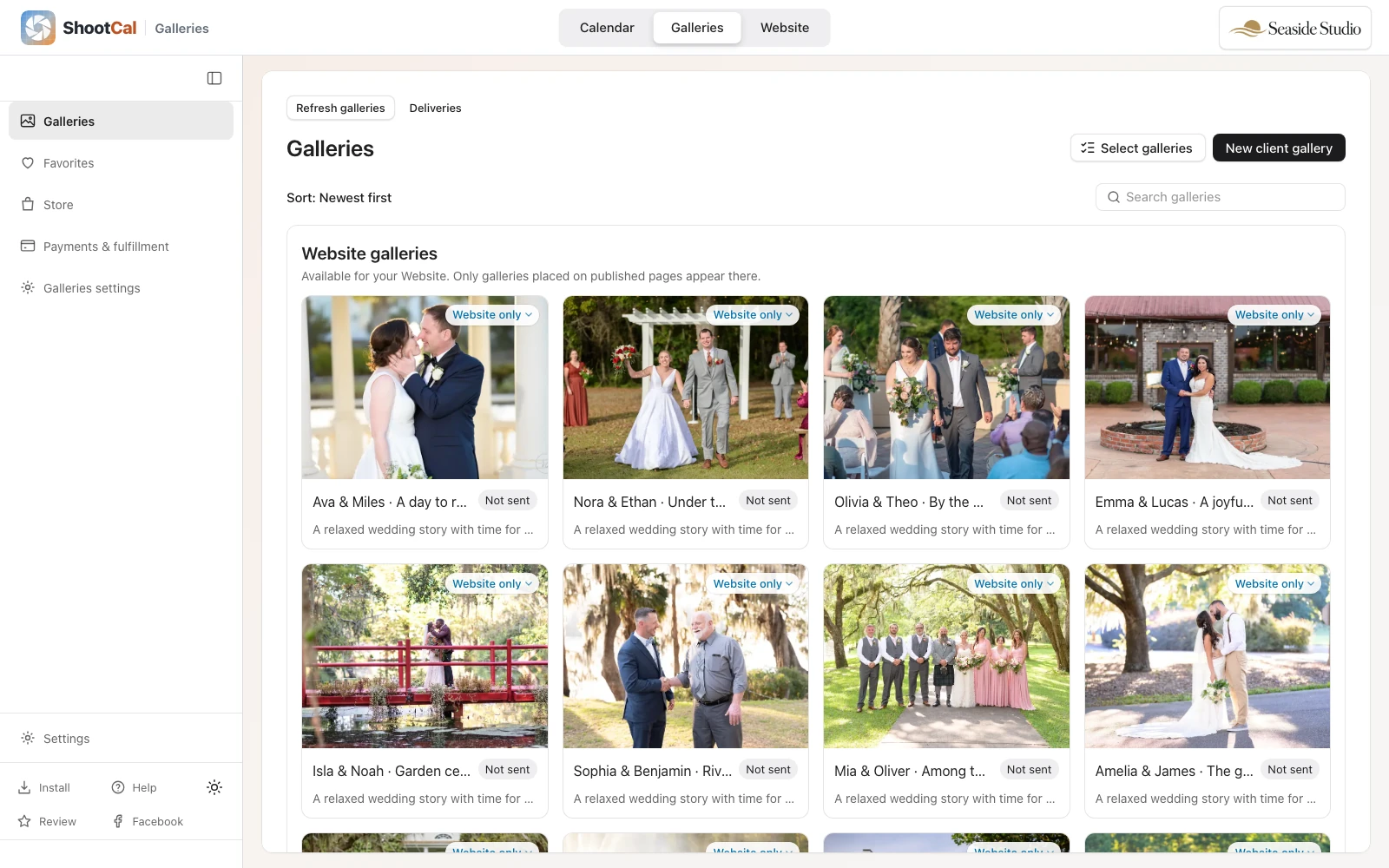 ShootCal Galleries in the web workspace showing client wedding galleries
